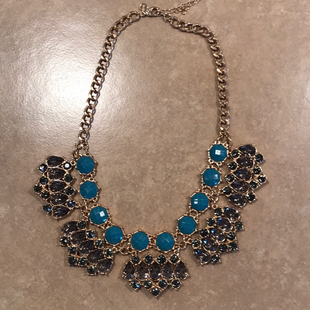 Statement Necklace Teal and Rhinestone
